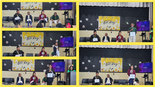 Students holding microphone while participating in school spelling bee